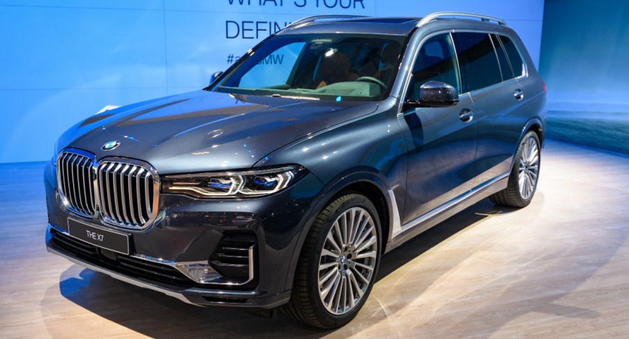 A gray BMW X7 fullsize luxury SUV on display at Brussels Expo on January 9, 2020 in Brussels, Belgium. The BMW X7 (G07 )s available in Design Pure Excellence and M Sport trims.