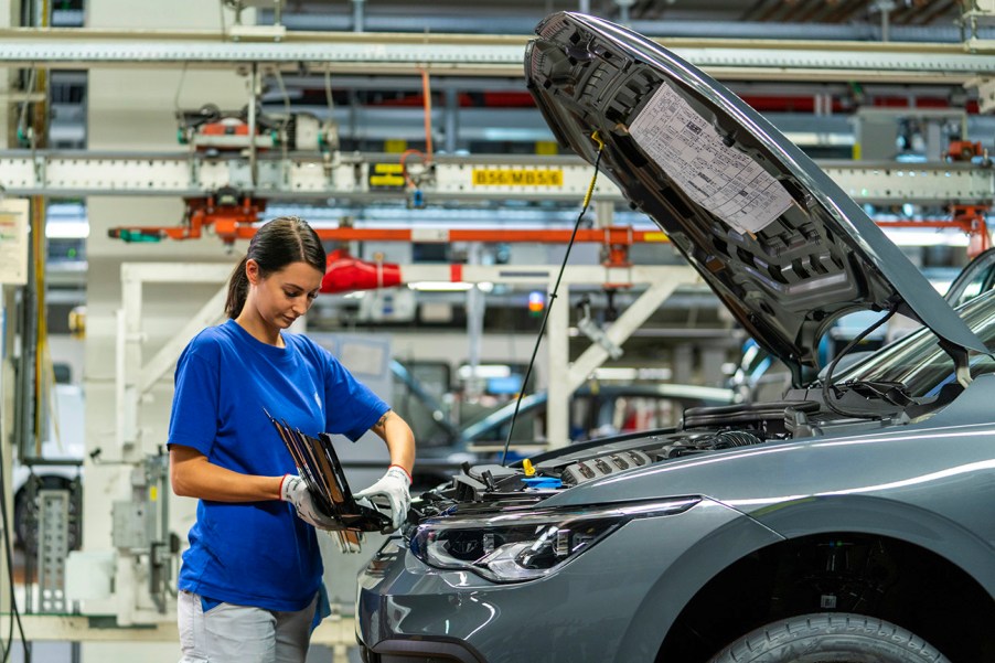 A Volkswagen Golf 8 being assembled in the Wolfsburg plant. The plant has seen a significant decrease in production due to the global chip shortage affecting the supply chain.