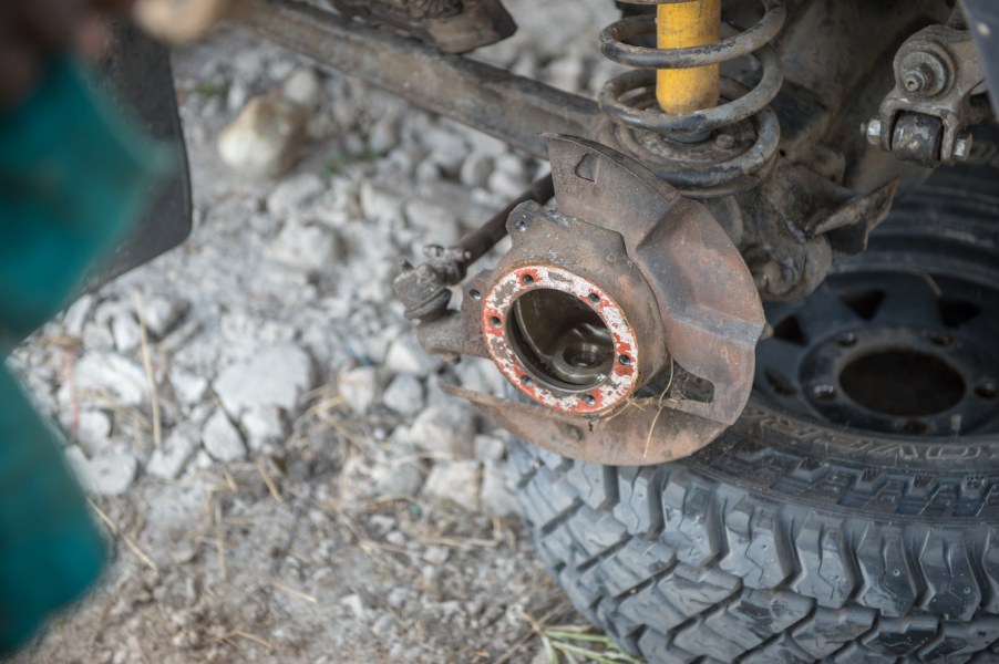 A Land Rover's exposed wheel hub