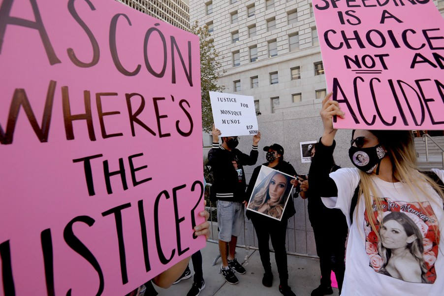 Around 40 family and friends of Monique Munoz attend a rally to call for justice in her death in front of L.A. District Attorney George Gascons office at the Hall of Justice in downtown Los Angeles on March 19, 2021. Munoz, 32, was killed in a car accident where a 17-year-old was driving 120 mph before crashing into her car. Munoz was driving home on Olympic Boulevard and Overland Avenue in Los Angeles when she was hit and killed. The boy, who is the son of Beverly Hills millionaire James Khuri, was booked on vehicular manslaughter in a Lamborghini crash Feb. 23 according to the Los Angeles Police Department but he was not charged.