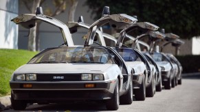 Line of open DeLoreans in Huntington Beach