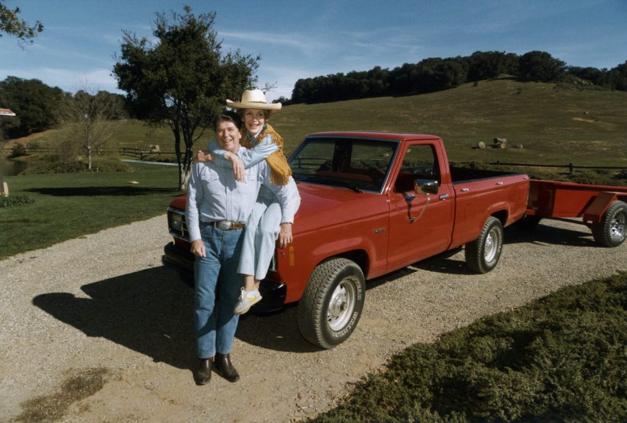 Ronald and Nancy Reagan stand next to their 1995 Ford Ranger