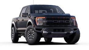 A black 2021 Ford F-150 Raptor against a white background.