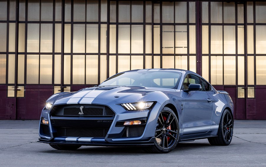 2022 Ford Mustang Shelby GT500 Heritage edition shown here in Brittany Blue with white racing stripes