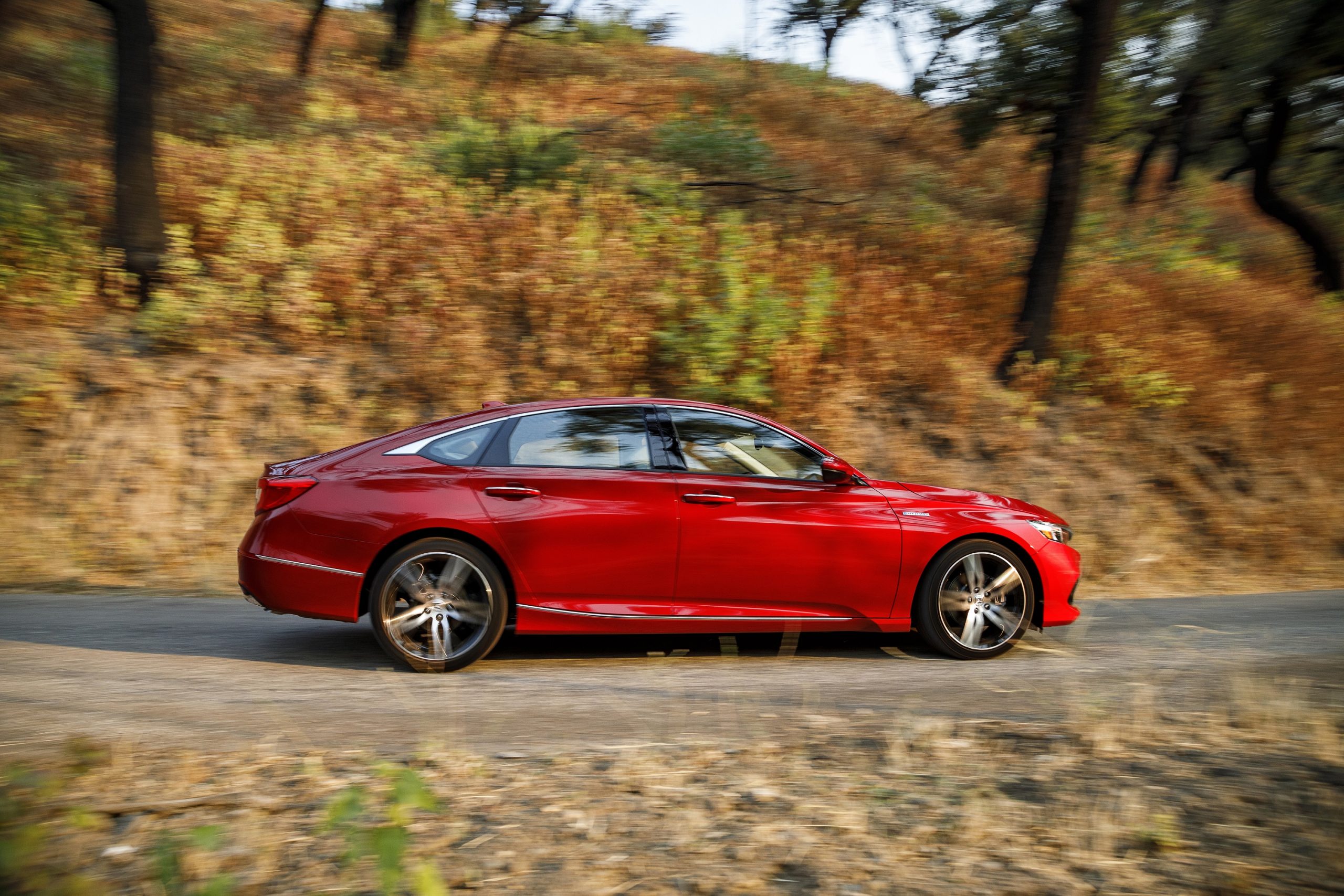 A profile shot of a red 2022 Honda Accord on a back road