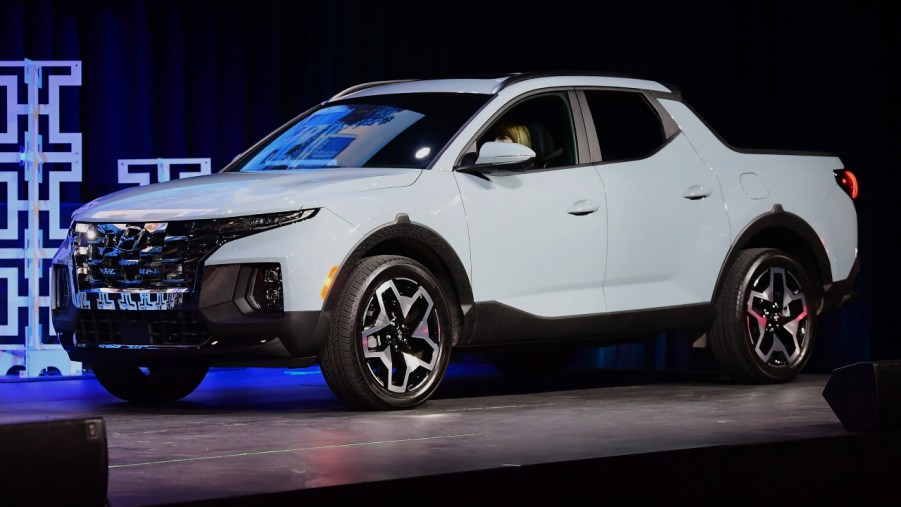 A white 2022 Hyundai Santa Cruz.