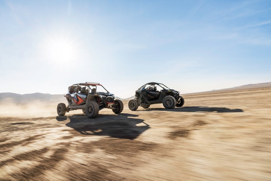 A 2022 Polaris RZR Pro R Ultimate and RZR Pro R 4 Ultimate speed through the desert