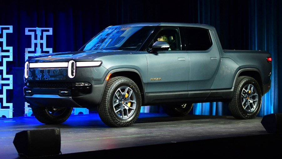 A blue 2022 Rivian R1T electric pickup truck.