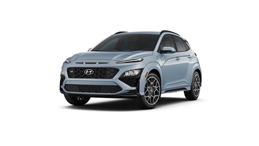 A light blue 2022 Hyundai Kona N against a white background.