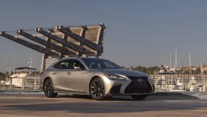 A silver 2022 Lexus LS 500 luxury sedan shot from the front 3/4