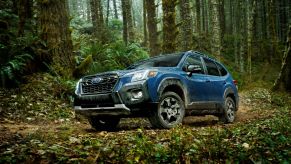 Blue 2022 Subaru Forester Wilderness driving through a forest