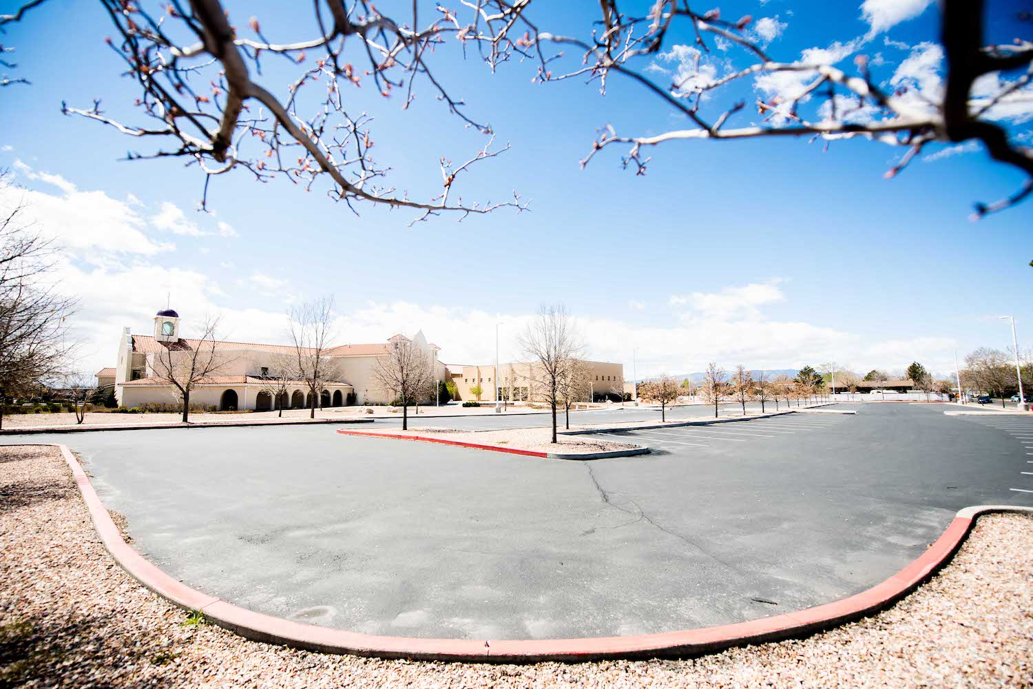 This is a photo of an empty church parking lot. Many RV enthusiasts wonder if they sleep at a church in a pinch. | Matt Winkelmeyer/Getty Images