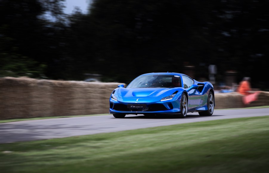 Ferrari F8 in blue on a racetrack