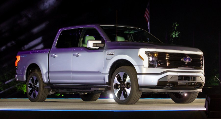 A gray 2022 Ford F-150 Lightning.