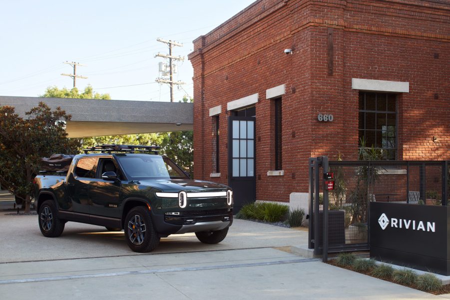 Rivian R1T electric truck parked outside of Rivian HQ. Rivian IPO and Rivian stock price may be affected by negative press regarding human rights issues