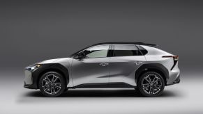 Side view of silver 2023 Toyota bZ4X crossover EV