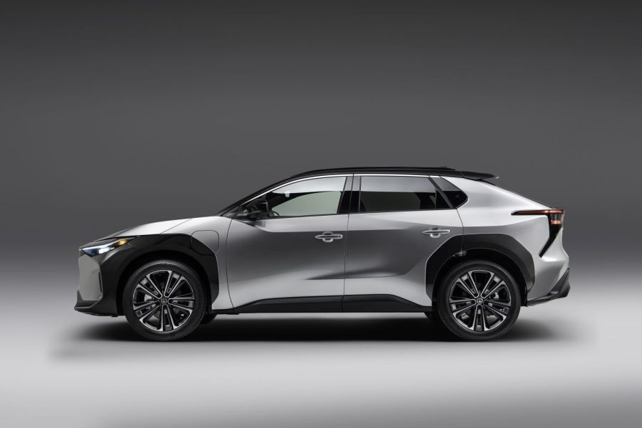 Side view of silver 2023 Toyota bZ4X crossover EV