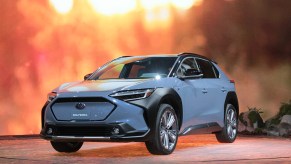 2023 Subaru Solterra close up on stage at the LA Auto Show