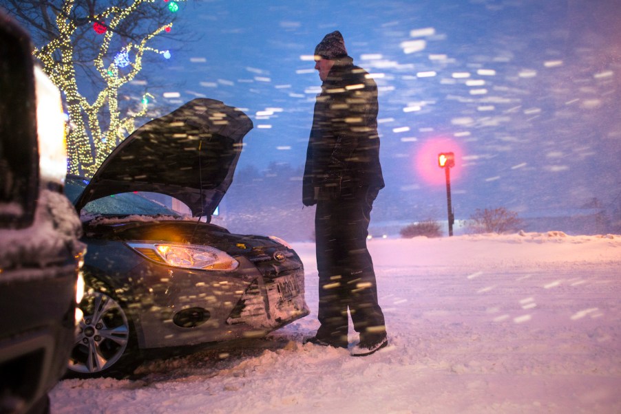 car stranded in a snow storm