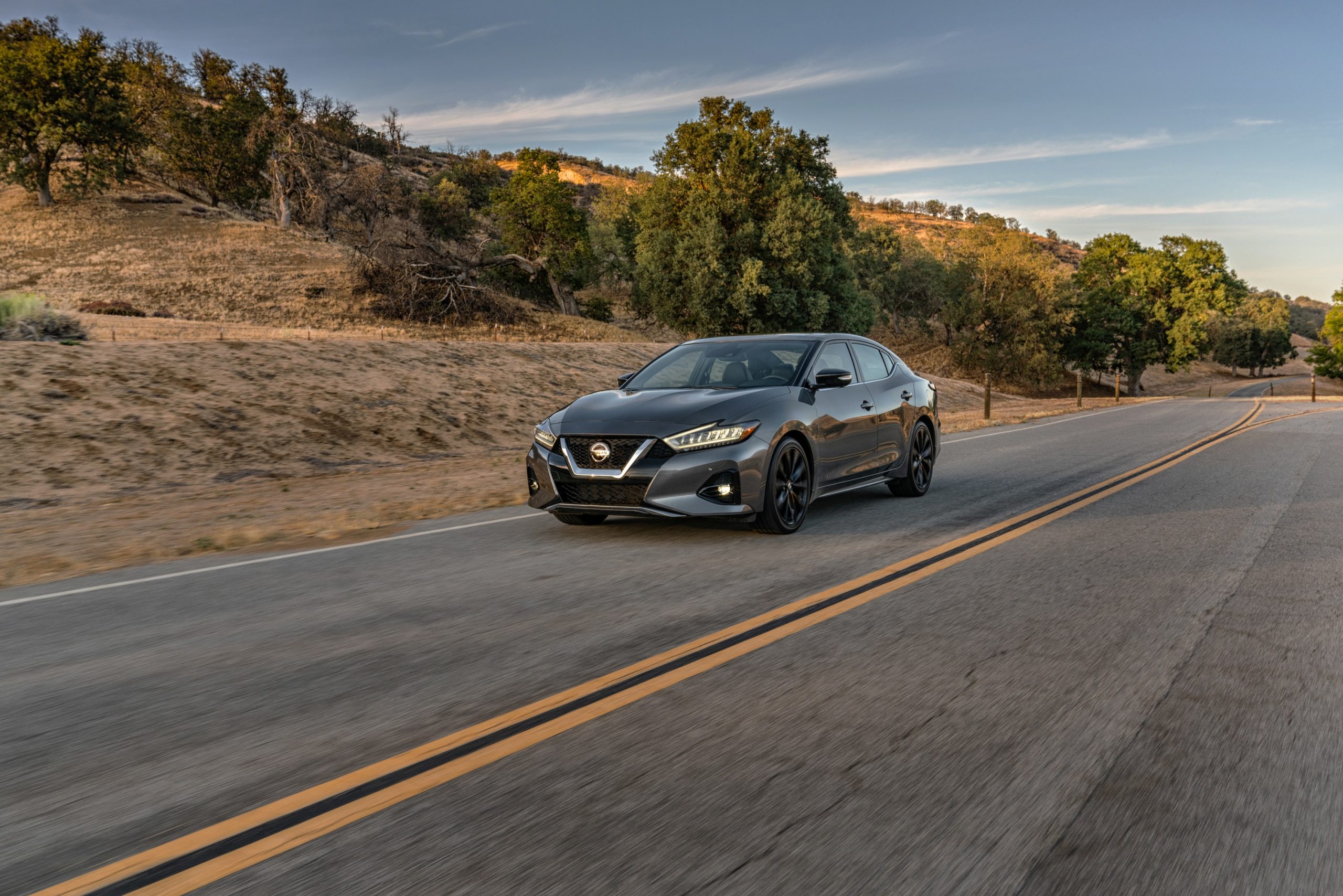 A front 3/4 shot of the new Nissan Maxima in grey