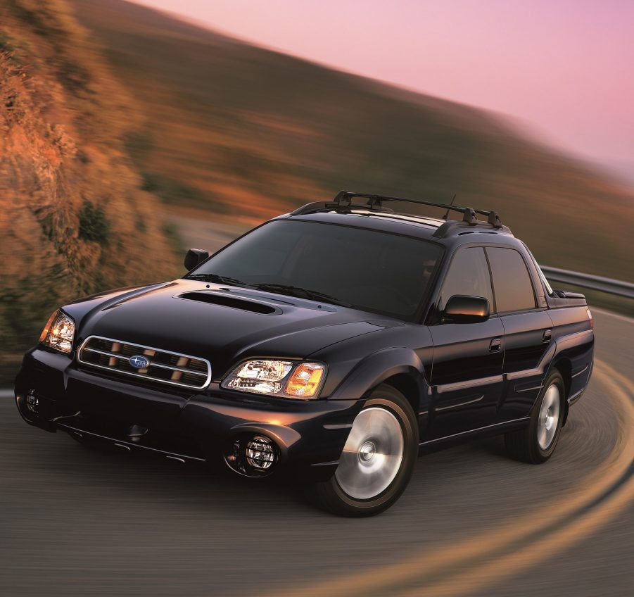 A black Baja ute, the potential inspiration for a 2023 Subaru Baja, shot from the front 3/4