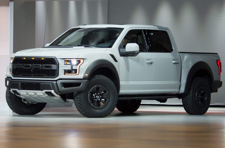 A white 2016 Ford F-150 Raptor at the US Auto Show press conference, Kanye West sold his Raptor fleet.