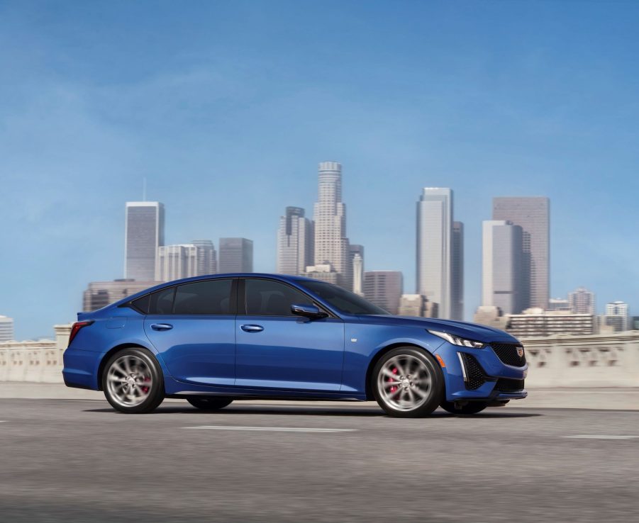 A blue 2021 Cadillac CT5 in profile