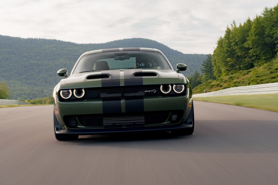 2022 Dodge Challenger SRT Hellcat Widebody, shown here in F8 Green with dual carbon stripes