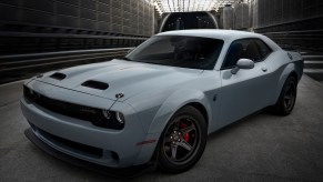 A gray 2022 Dodge Challenger SRT Super Stock with SRT Black appearance package