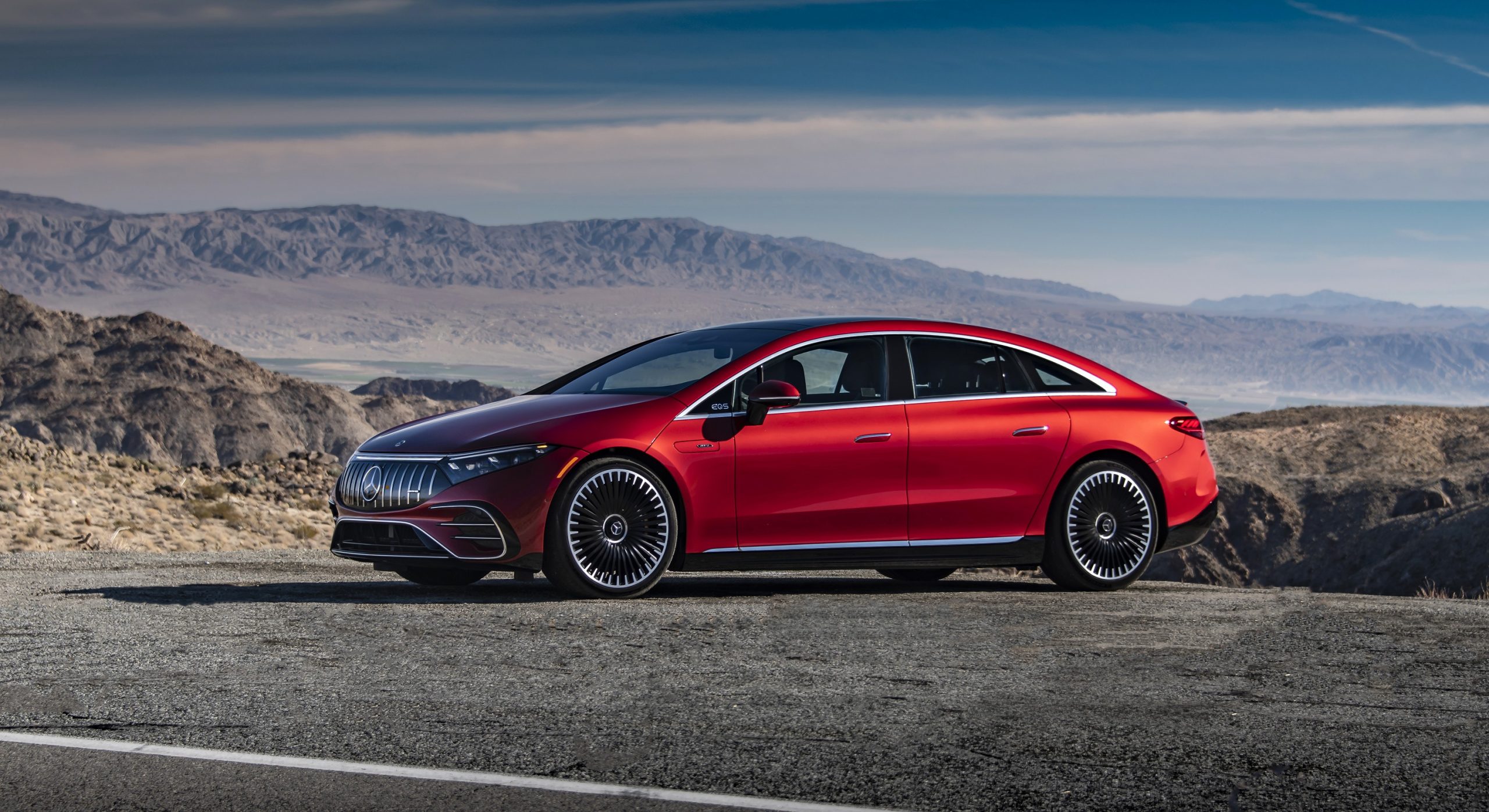 A red 2022 Mercedes-Benz EQS EV luxury car