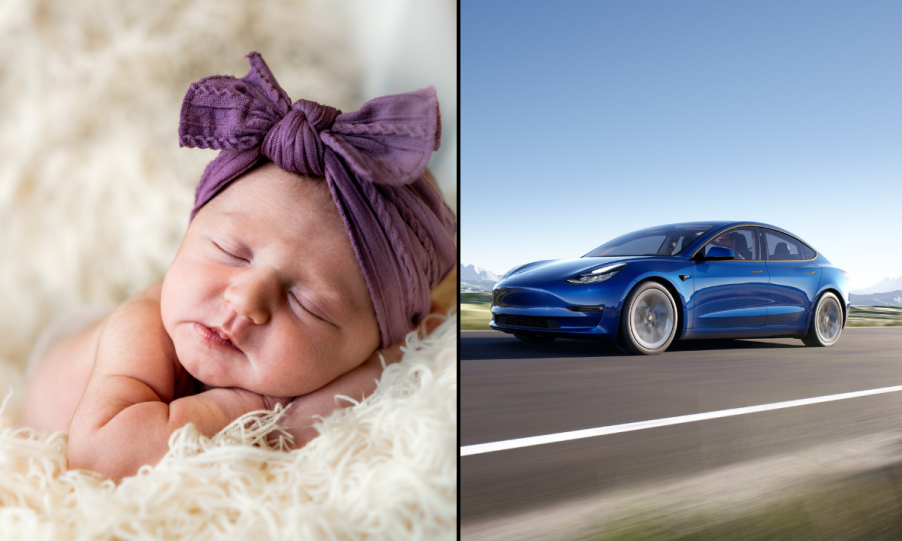 Baby and Tesla Model 3, highlighting story of baby born in Model 3 with help of Autopilot feature