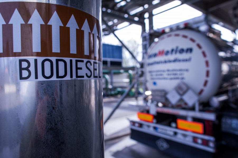 Biodiesel container, competitor of diesel, in a factory loading environment.