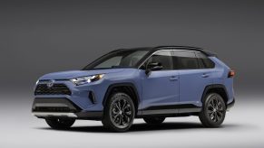 Driver's side front angle view of 2022 Toyota RAV4, an SUV that has high gas mileage and fast acceleration