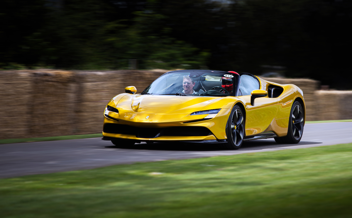 A yellow Ferrari SF90 Spider at Goodwood Festival of Speed 2021 in Chichester, England