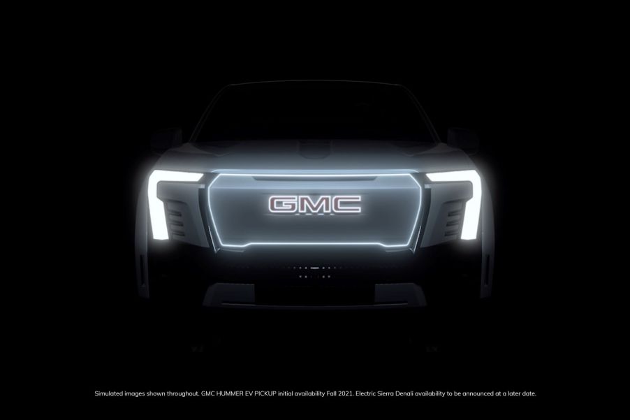 Front grille of 2023 GMC Sierra EV pickup truck - Denali trim