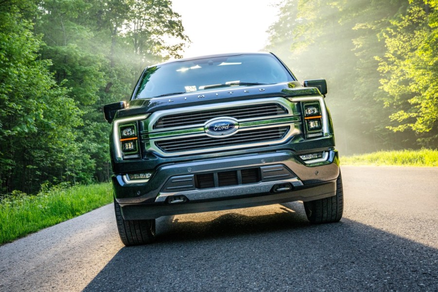 Front view of blue-gray 2022 Ford F-150 Limited, which is worth $75K plus options