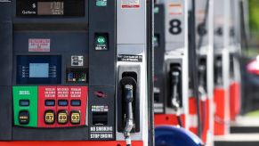 A row of gas pumps.