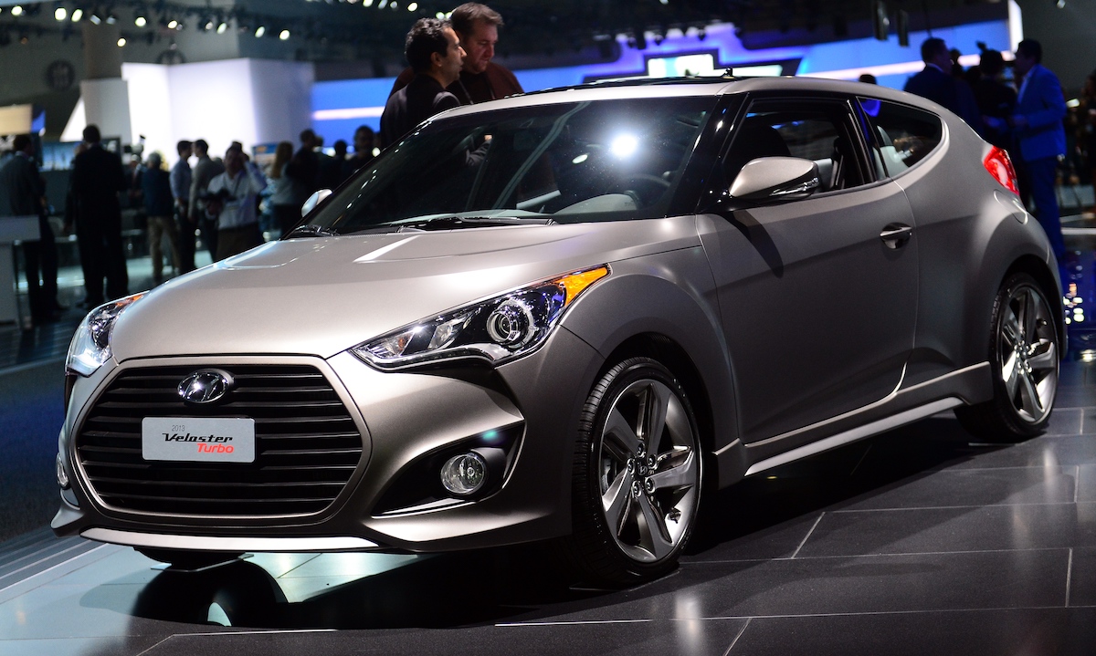 The Hyundai Veloster, now discontinued, on display at the Los Angeles Auto Show on November 28, 2012, in Los Angeles, California