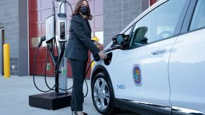 Vice President Kamala Harris charging an electric vehicle (EV) in Brandywine, Maryland