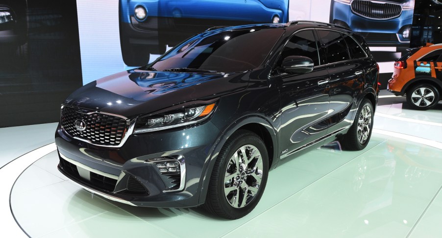 A black Kia Sorento is on display.