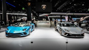 A Lamborghini Aventador S Roadster and a Lamborghini Huracán Performante in 2017 in Frankfurt, Germany