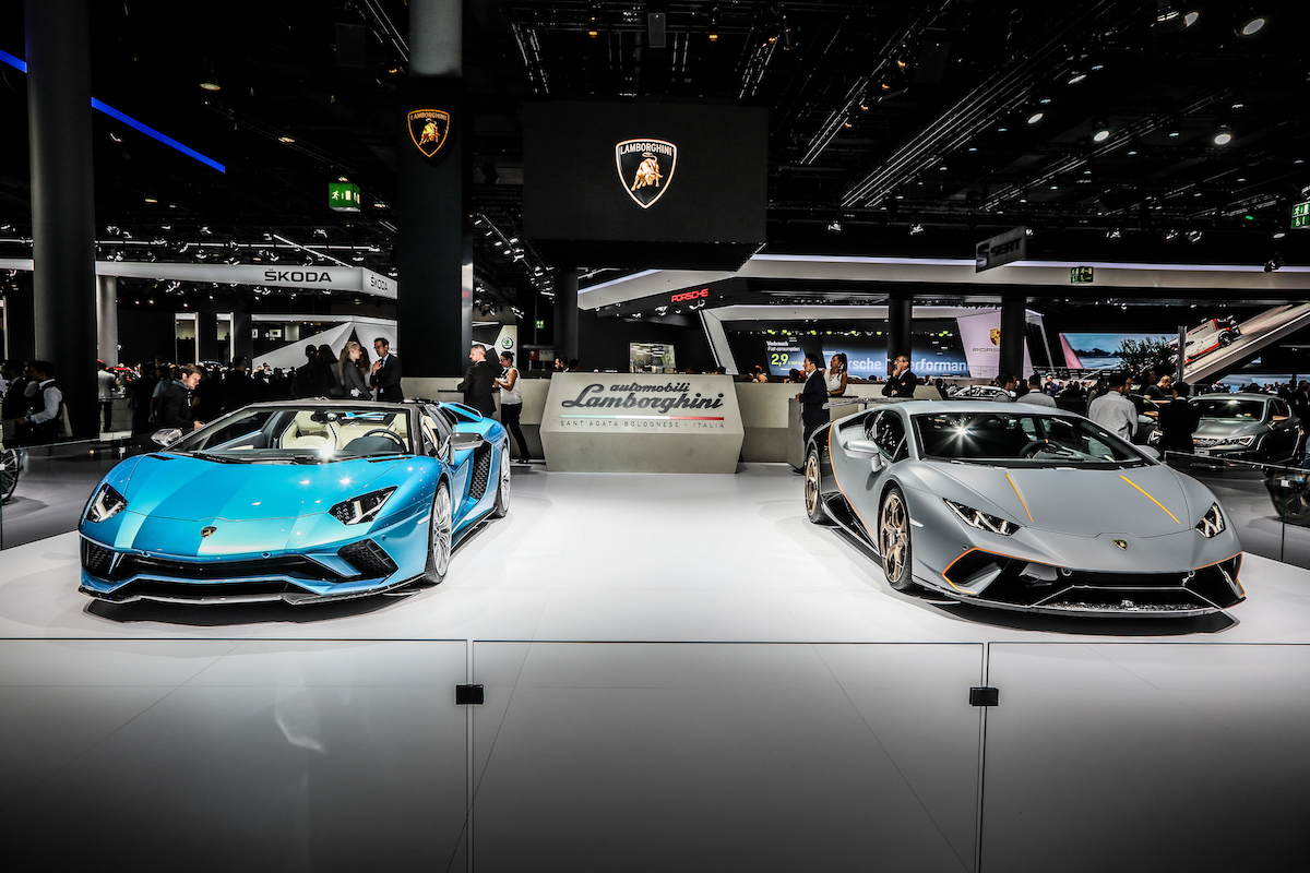 A Lamborghini Aventador S Roadster and a Lamborghini Huracán Performante in 2017 in Frankfurt, Germany