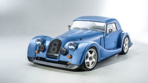 A light-blue Morgan Plus 8 GTR