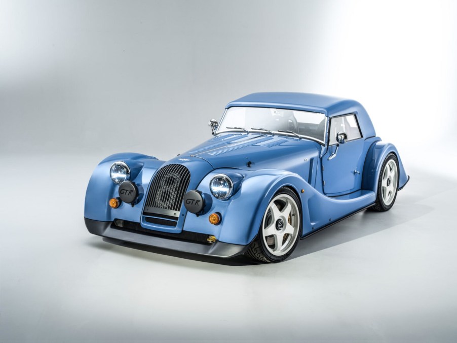 A light-blue Morgan Plus 8 GTR