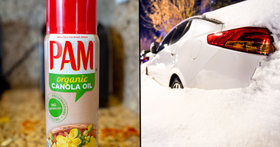 Pam cooking spray and a car covered in snow, showing how cooking spray can open frozen car doors in the winter