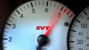 The tachometer in a Ford SVT Focus hitting the redline