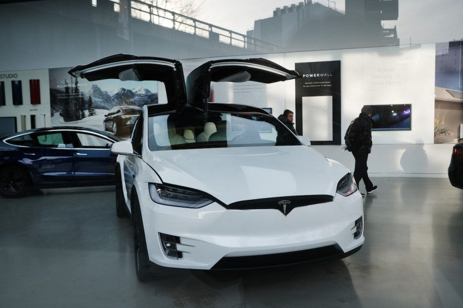 A Tesla Model Y displayed in a Manhattan dealership on January 30, 2020, in New York City