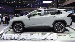 A gray Toyota RAV4 is on display.