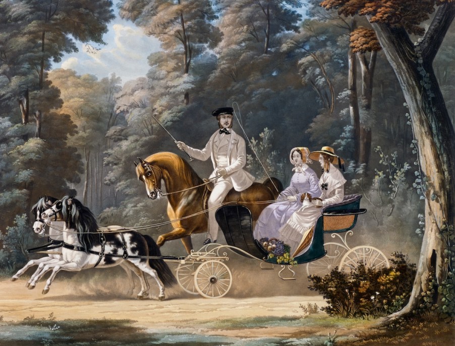 Real horsepower: 'Pony-Chaise,' open carriage pulled by two ponies, 1852, engraving by Henri d'Ainecy Montpezat from Chevaux et voitures, France, 19th century