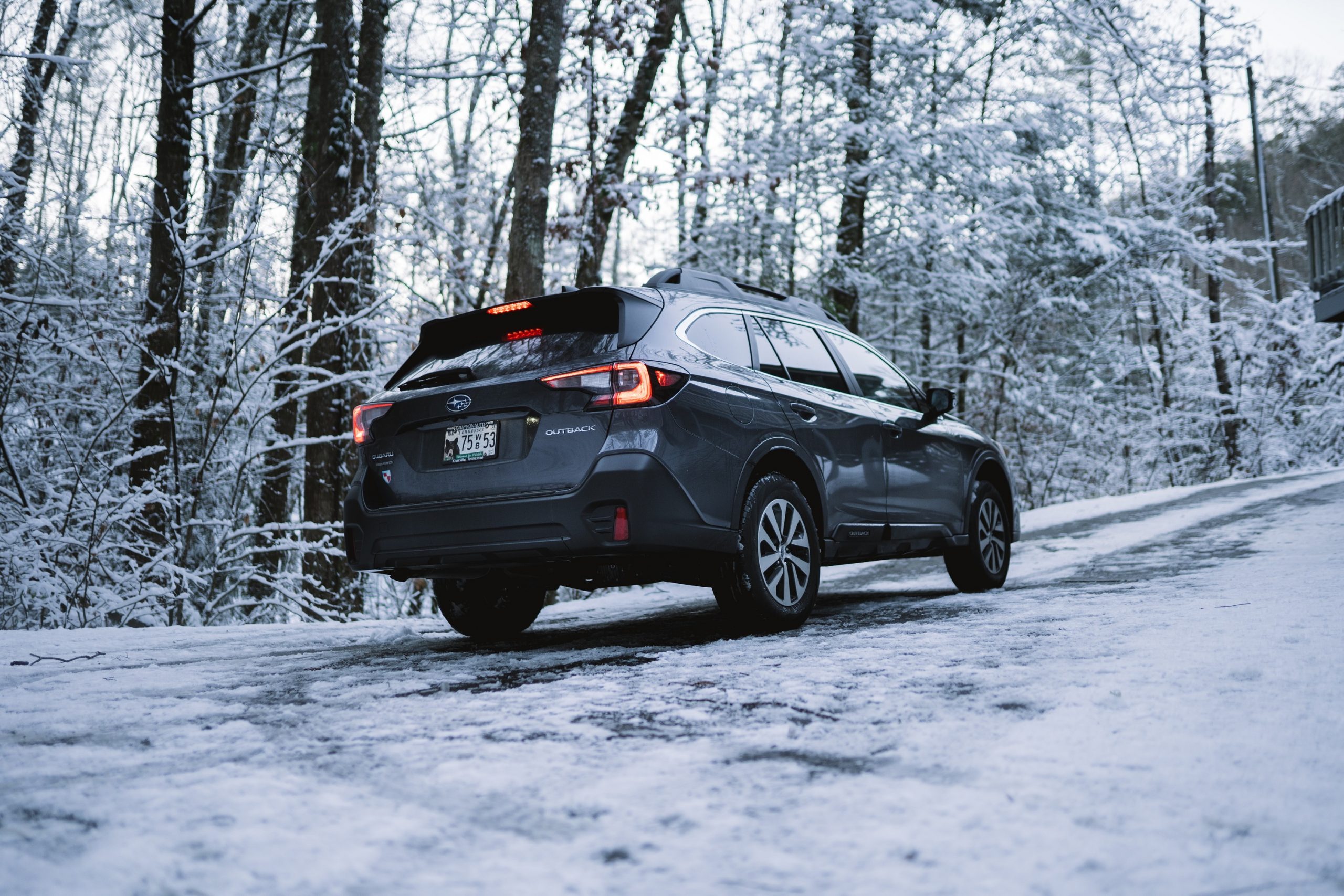 A rear 3/4 shot of a 2021 Subaru Outback wagon